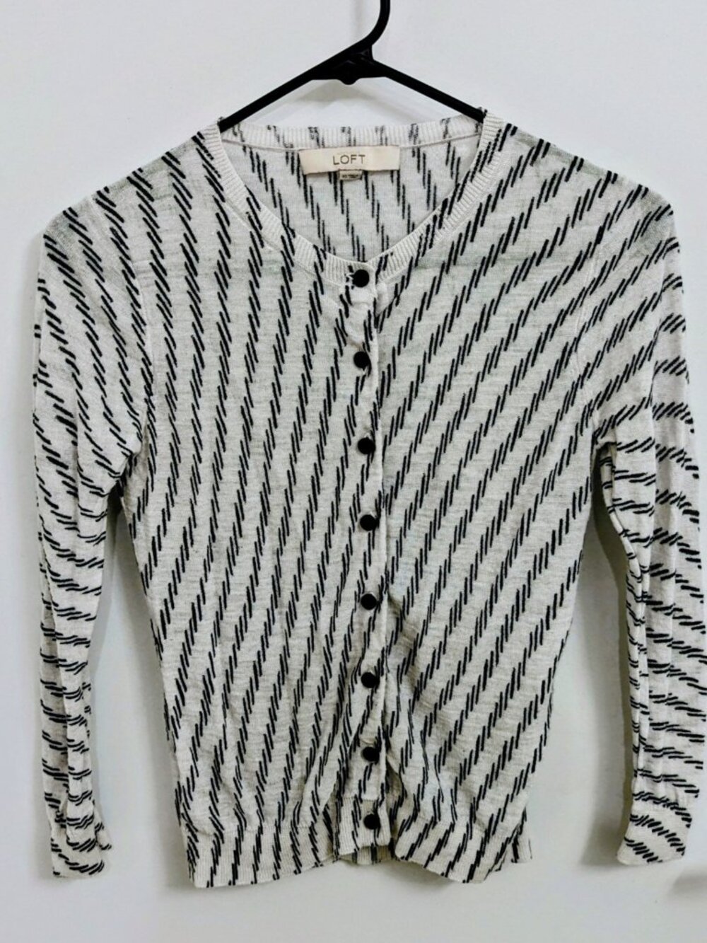 LOFT White And Black Geometric Lightweight 3/4 Sleeve Cardigan XS